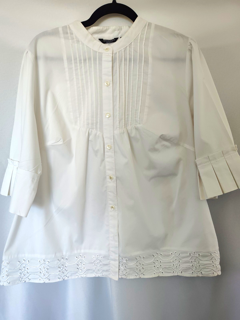 Autograph White Plus 1X Solid Woven Collared Button Front 3/4 Blouse Pleated